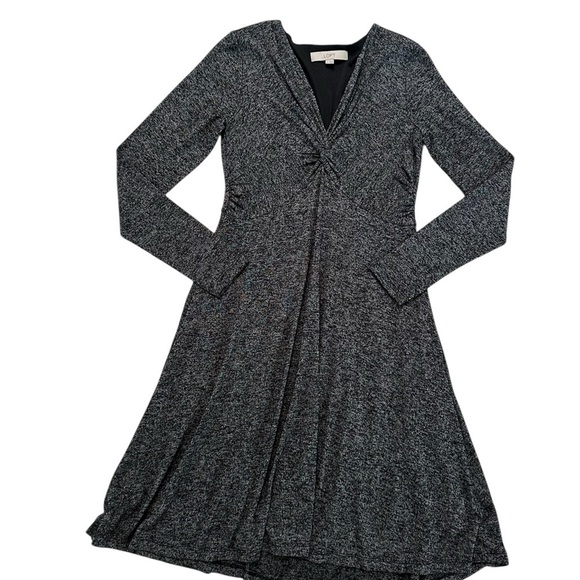 Loft Black Gray Long Sleeve Front Twist Midi Flowy Dress Size S - Picture 12 of 17